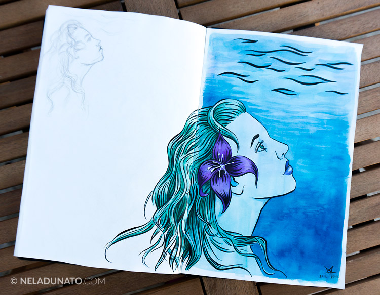 Sketchbook: Aqua Lady #4 - ink, watercolor and colored pencil
