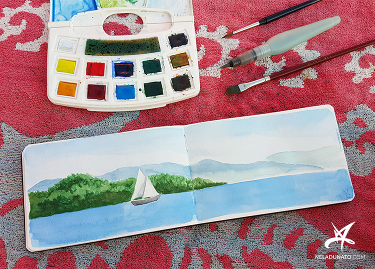 Sketchbook watercolor seascape with a sailboat