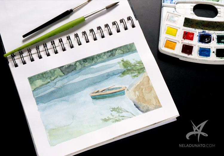 Sketchbook watercolor landscape: Lake Lokve
